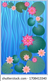 Lake with a pink lotus, leaves, flowers. Postcard, poster, wallpaper, cover, web, vector illustration.