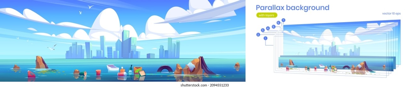 Lake With Plastic Trash In Water And City Buildings On Skyline. Vector Parallax Background For 2d Animation With Cartoon Illustration Of Sea Pollution By Waste And Garbage