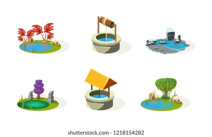 Lake, pond, well, fantasy elements of landscape set, user interface assets for mobile app or video game vector Illustration on a white background