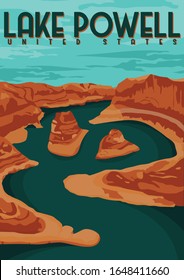 Lake Powell USA Vector Illustration Background. Travel to Lake Powell on Colorado River Unites States of America. Flat Cartoon Vector Illustration in Colored Style.