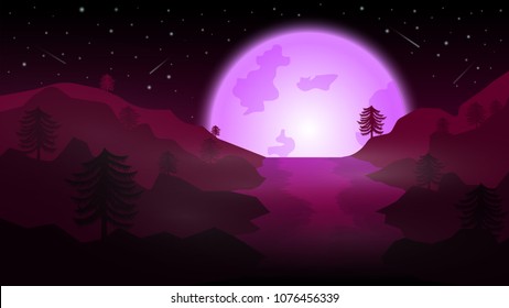 lake with purple full moon;pine grow on mountain;beautiful night landscape vector design;night of full moon with purple light;misty night landscape;fog on lake