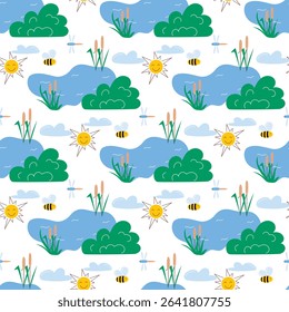 Lake with reeds and flying insects on clear sunny day background. Cute baby seamless pattern. Summer nature print, vector graphic