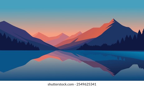 Lago que refleja las montañas en el fondo que muestra la belleza de la naturaleza y la tranquilidad Ilustración vectorial plana