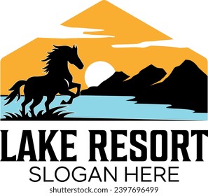 lake resort with horse idea vector logo design