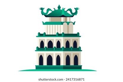 Der See des rückläufigen Schwertes - modernes, flaches Design-Einzelbild. Schöne detaillierte Illustration von Hoankiem. Reservoir im Zentrum von Hanoi in Vietnam mit einem Tempel auf der Insel