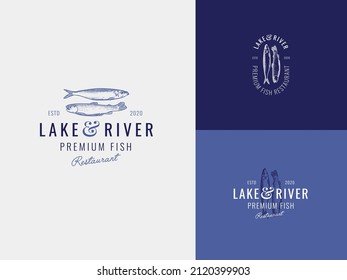 Lake and river fish Hand Draw Logo Template with Premium Vintage Typography. Stylish Vintage Vector Emblem Concept.