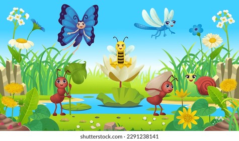 lake or river with island grass flowers and insects. Scene for stories. Fantasy island. Cartoon style for kids Vector. 