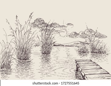 Lake and river peaceful landscape. Wooden pontoon on shore