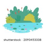 Lake, river or pond landscape with green grass and reeds vector illustration. Cartoon wildlife scene with freshwater lily flowers floating on blue water of natural park or garden isolated on white