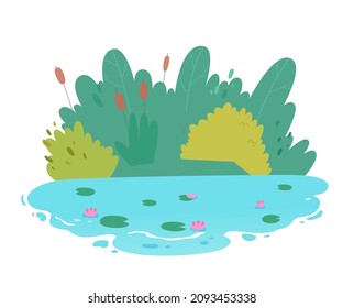 Lake, river or pond landscape with green grass and reeds vector illustration. Cartoon wildlife scene with freshwater lily flowers floating on blue water of natural park or garden isolated on white