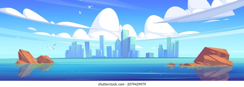 Lake or river with stones in water and city buildings on skyline. Vector cartoon illustration of sea landscape with skyscrapers on horizon and flying birds. Background with town on island