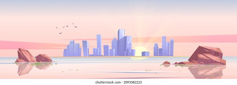 Lake or river with stones in water, city buildings and sun on horizon at sunrise. Vector cartoon illustration of dawn, sea landscape with skyscrapers on skyline and flying birds in morning