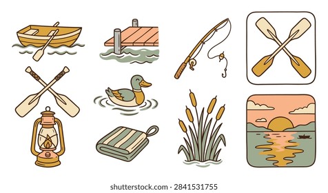 Lake and rowing doodle icon set with rowboat, dock, fishing rod and lantern, hand-drawn clipart for outdoor and travel design