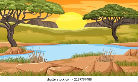 Lago en el bosque de Savanna en la ilustración del atardecer