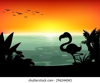 Lake scene with silhouette bird and plants