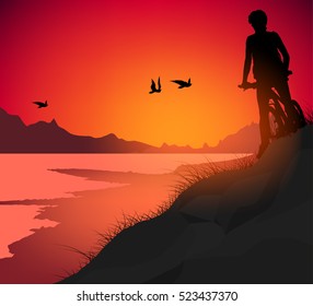 Lake scene vector silhouette people young woman cycling nature background