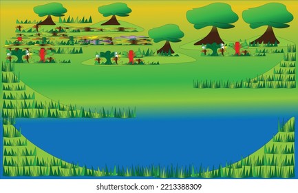 lake scenery background, green fields, trees and flowers