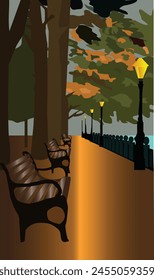 Lake scenery with bench and trees background.Anime landscape vector illustration.Book cover design