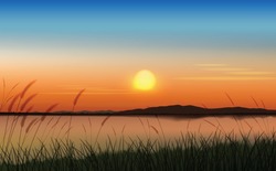 The Lake Scenery At Twilight Graphic Vector