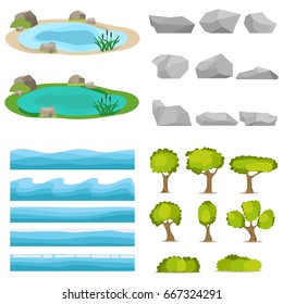 Lake, a set of stones, trees, a set of seascapes, a wave. Flat design, vector illustration, vector.