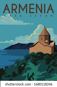 Lake Sevan Armenia Vector Illustration Background. Travel to Lake Sevan Gegharkunik Province, Armenia. Flat Cartoon Vector Illustration in Colored Style.