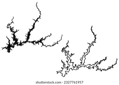 El embalse del lago Shasta (Estados Unidos de América, América del Norte, ee.uu., estados unidos, California) muestra el mapa del vector, esbozo del mapa de la presa Shasta