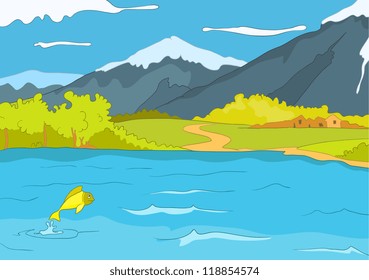 Lago Shore. Fondo de la caricatura. Ilustración vectorial EPS 10.