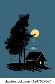 Lake shore, three tall pines,cozy log cabin,full moon and moonlight . Vector landscape.Illustration of nature.