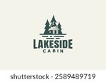lake side cabin logo in vintage style with a wooden house and pine forest