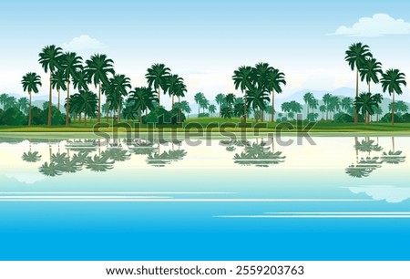 Lake side coconut trees landscape background, indian field, river side background illustration