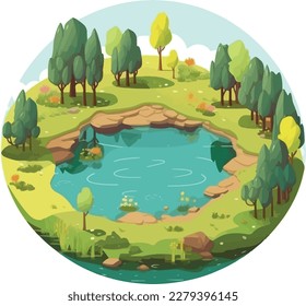 a lake with sime trees around vector illustration