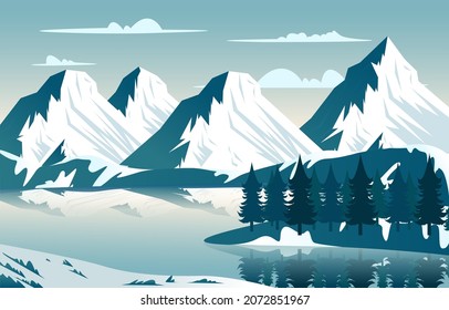 Lake Snow Mountain Frozen Ice Nature Landscape Adventure Illustration