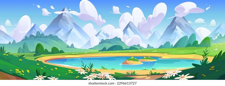 Paisaje vectorial de los campos florales del lago y la primavera. Escena de la naturaleza de dibujos animados con nubes, hierba verde y agua. El pintoresco entorno de los Alpes al aire libre con pradera y colina en el parque cuando el tiempo lo permite.