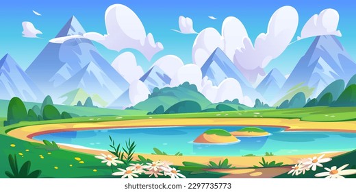 Lake and spring flower field mountain vector landscape. Cartoon nature scene with cloud, green grass and water. Cute picturesque outdoor alps environment with meadow and hill in park on sunny weather.