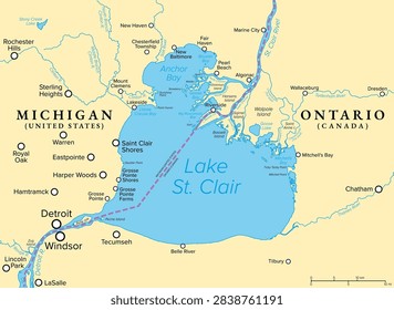 Lake St. Clair, part of the Great Lakes system in North America, political map. Freshwater lake between Canadian province of Ontario and U.S. state of Michigan northeast of Detroit and Windsor. Vector