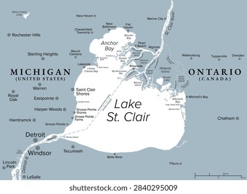 Lake St. Clair, part of Great Lakes system in North America, gray political map. Freshwater lake between Canadian province Ontario and U.S. state of Michigan northeast of Detroit and Windsor. Vector