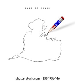 Lake St. Clair vector map pencil sketch. Lake St. Clair outline contour map with 3D pencil in american flag colors. Freehand drawing vector, hand drawn sketch isolated on white.