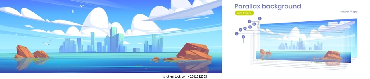 Lake with stones in water and city buildings on skyline. Vector parallax background for 2d animation with cartoon illustration of sea landscape with skyscrapers on horizon