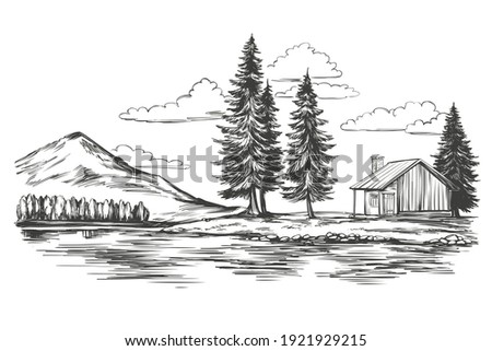 lake, summer landscape, house in the fores, landscape, hand drawn vector illustration realistic sketch