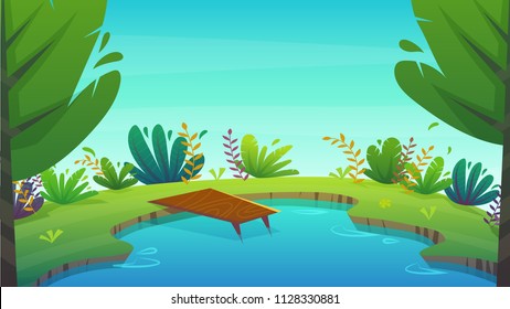 lake summer nature holiday vocations , dock at seashore water , bright plants and trees landscape background . cartoon vector illustration
