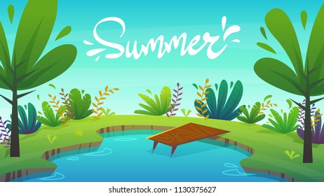 lake summer nature holiday vocations , dock at seashore water , bright plants and trees landscape background . cartoon vector illustration