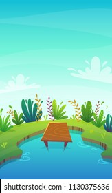 lake . summer nature holiday vocations , dock at seashore or lake water , bright plants and green grass landscape background . vector illustration