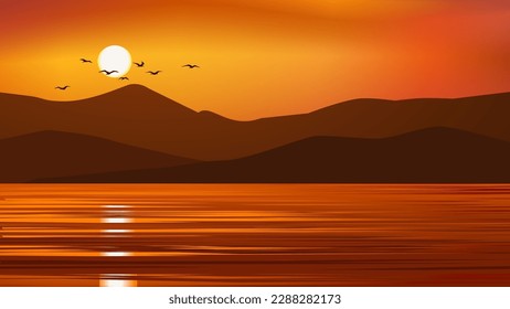 Lago al atardecer con colinas en el fondo y pájaros voladores