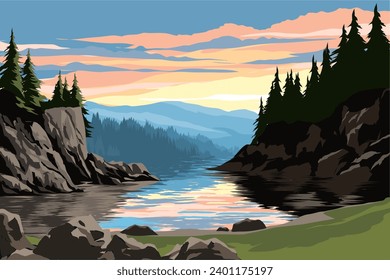 Sonnenuntergangslandschaft am See mit Felsen