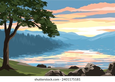 Lake sunset landscape with a tree