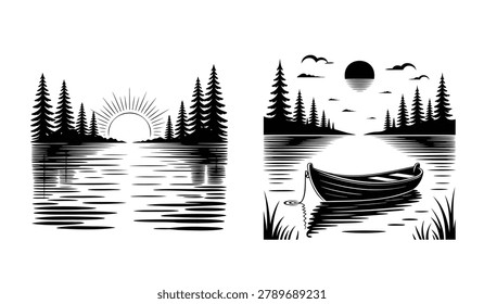 Lake Sunset Landscape Vector Icons Set, Black and White Nature Silhouettes with Wooden Boat, Pine Trees and Sunburst Reflection for Adventure Logo