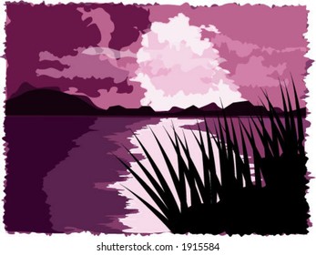 Lake Sunset in Purple - Vector Format