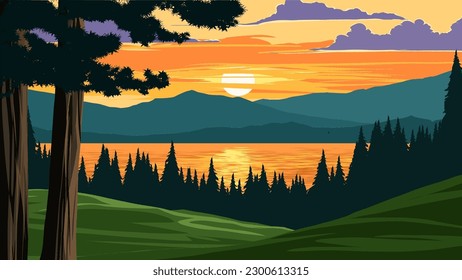 Lake sunset scenery with mountain in background