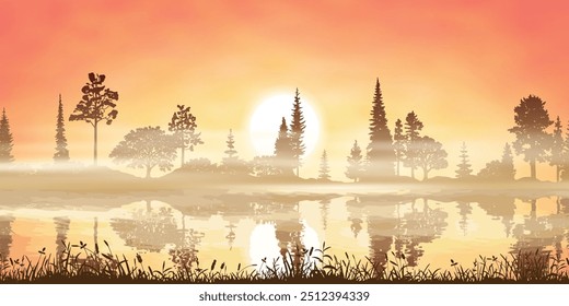 Lago al atardecer, el sol se pone detrás del bosque, Ilustración vectorial