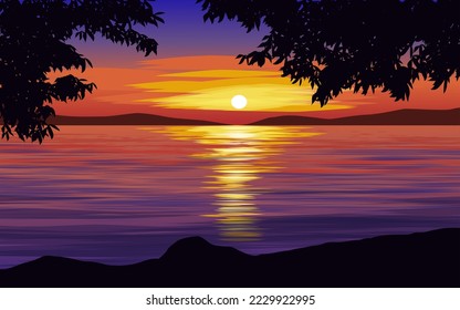 Ilustración del paisaje del vector de puesta de sol del lago con silueta de árbol